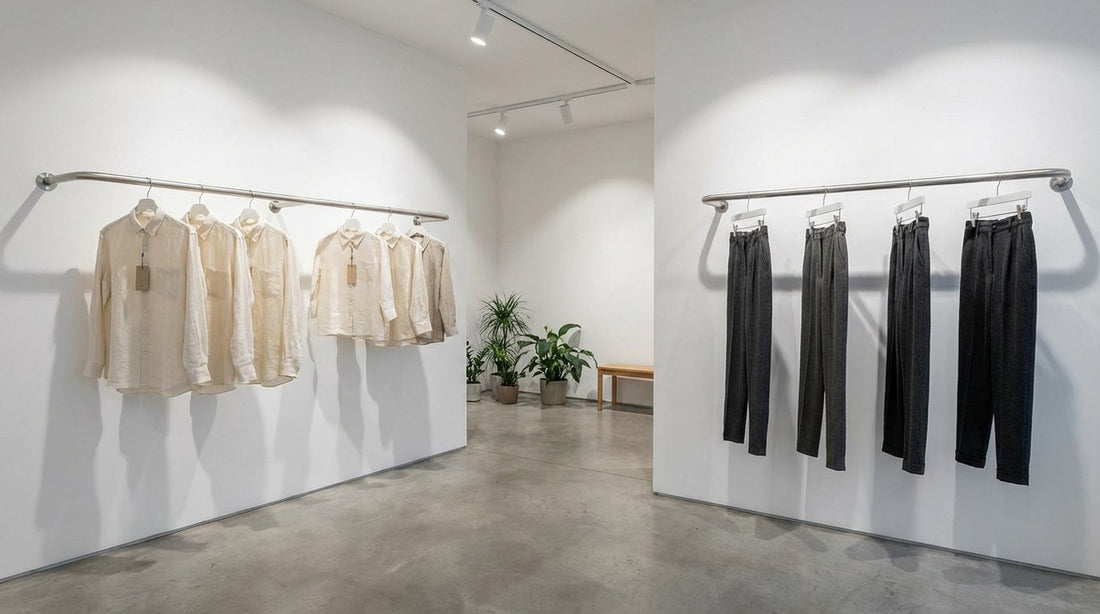 Minimalistyczna ekspozycja odzieży w butiku z ograniczoną ilością produktów na wieszakach i czystą przestrzenią