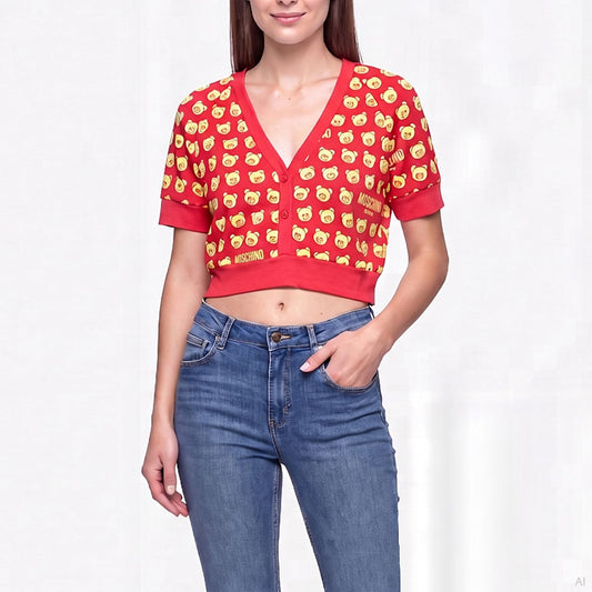 Moschino Teddy Bear Print Crop Sweatshirt Red (A17079421-1213), Women