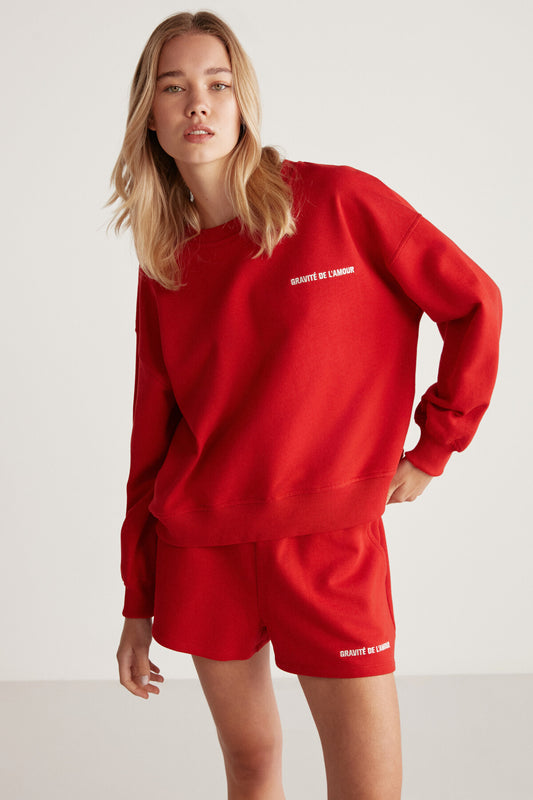 GRIMELANGE Jennıfer Women's Organic Cotton Embroidered Round Neck Oversize Red Sweatshirt Women