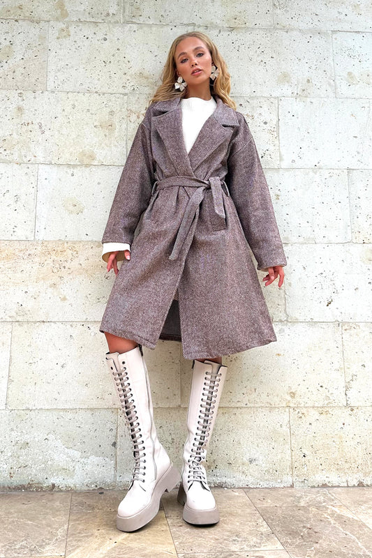 Trend Alaçatı Stili Women's Brown Double-Breasted Waist Belted Herringbone Patterned Cashmere Coat Alc Coffee Women