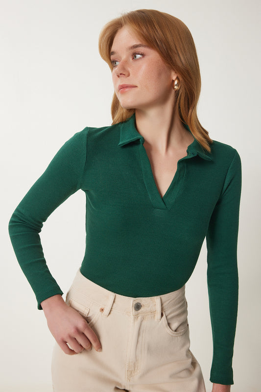 Happiness İstanbul Women's Green Polo Neck Corded Knitted Blouse Women