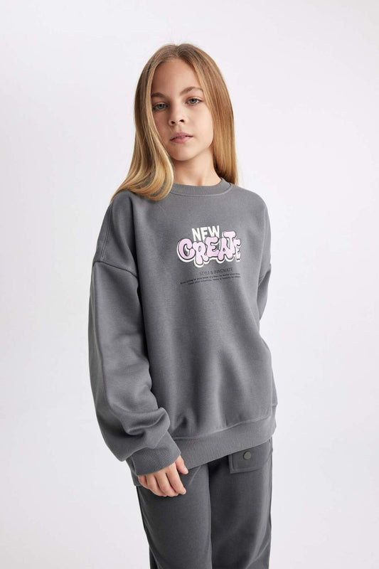 DeFacto Girls Oversize Wide Fit Crew Neck Printed Soft Furry Thick Sweatshirt Grey Women