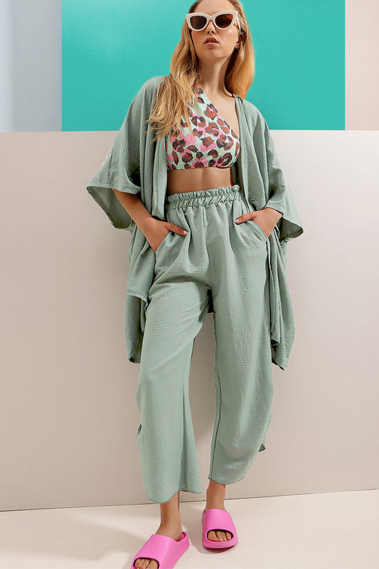 Trend Alaçatı Stili Women's Water Green Leg Slit Self-Textured Trousers and Jacket Double Set Aquatic Green Women