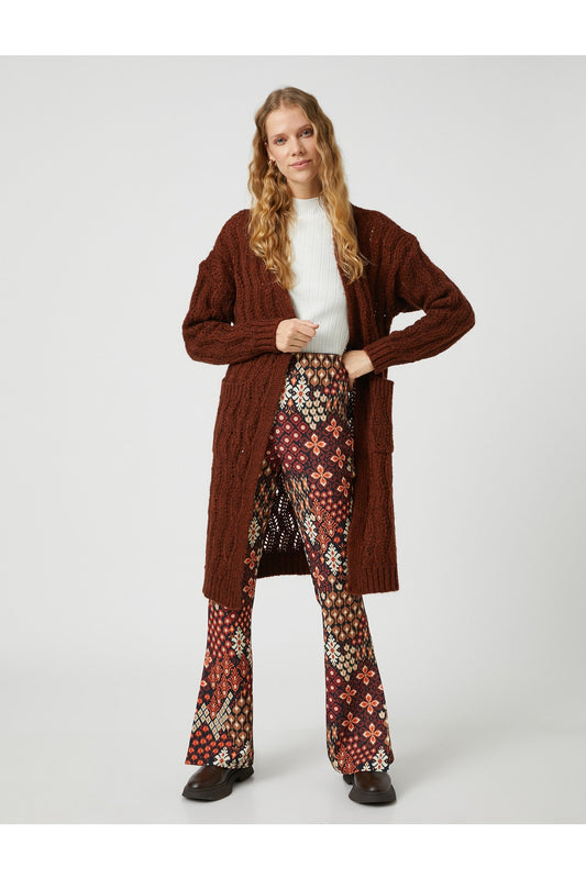 Koton Long Knitted Cardigan with Pockets Coffee Women