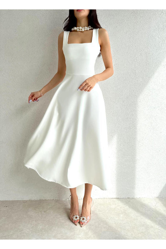 bayansepeti Women's Atlas Fabric Square Collar White Flared Midi Evening Dress Women