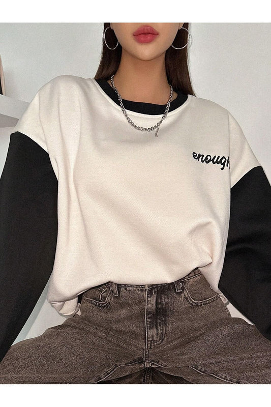 Know Women's 3 Thread White Enough Printed Black Sleeve Detail Oversize Sweatshirt Women