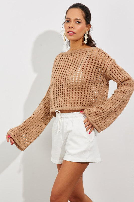 Cool & Sexy Women's Camel Spanish Sleeve Openwork Knitwear Short Blouse Women