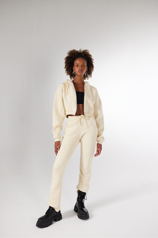 HOLLY LOLLY High Waist Beige Straight Cut Raster Mixed Sweatpants Women