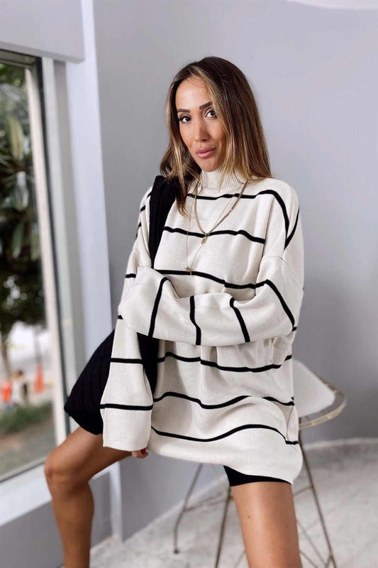 KUPAKIZI Women's High Collar Oversize Model Striped Sweater Tunic Beige Women