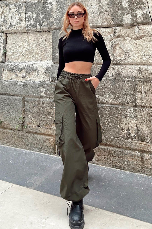 Swist Khaki Balloon Cargo Pocket Detailed Women's Parachute Trousers Women