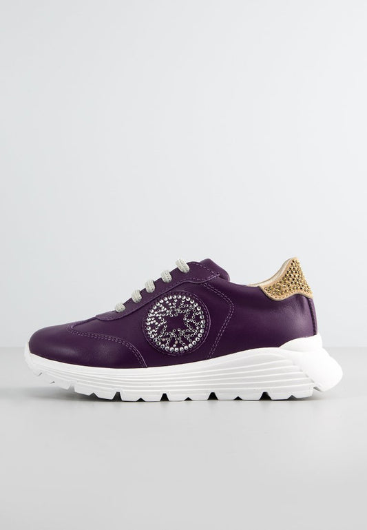 LEATHER LOW TOP RUNNER SNEAKERS LACE UP WITH STRASS DETAIL Girls