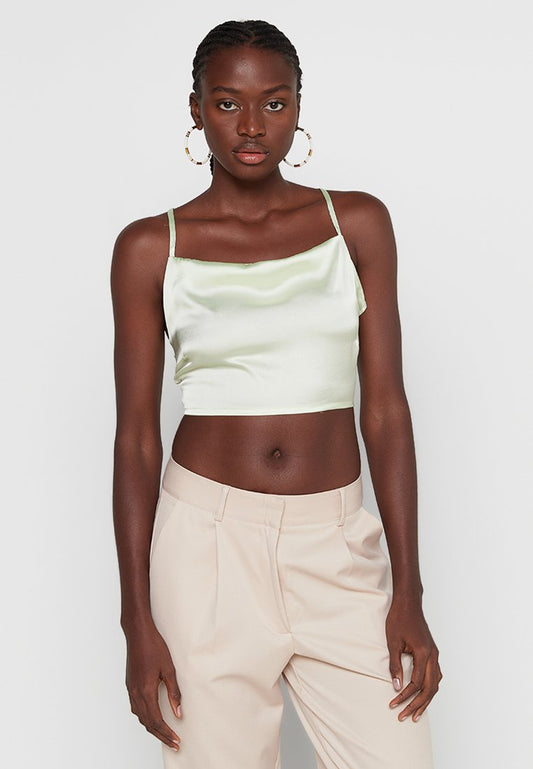 Waterfall Front Satin Singlet-Green Women